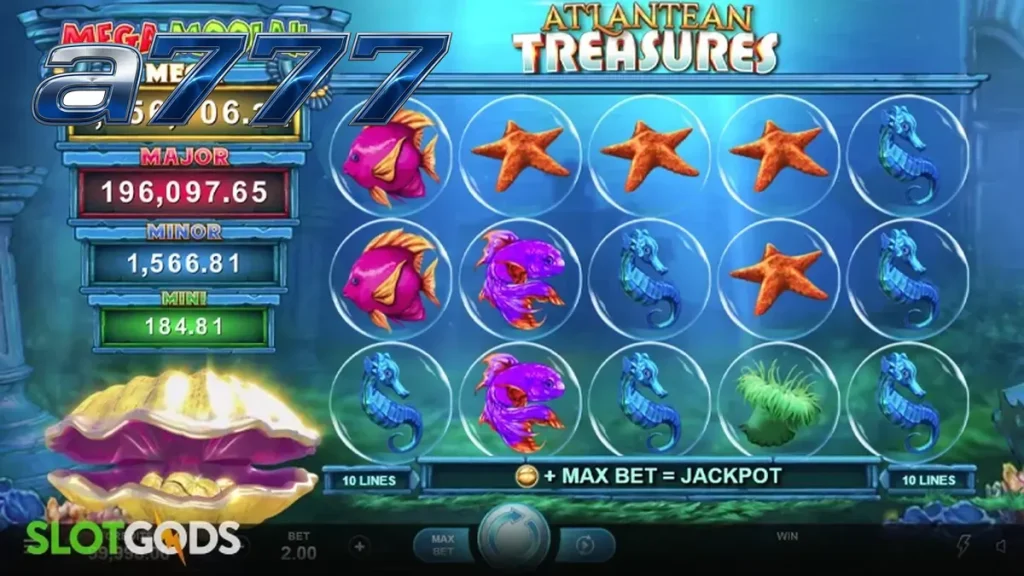 Tampilan visual slot Atlantean Treasures Mega Moolah dengan tema bawah laut.