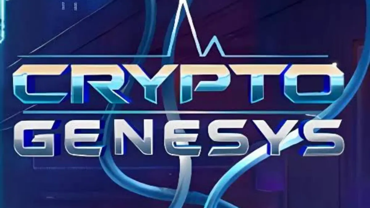 Tampilan visual slot Crypto Genesys dengan tema cyberpunk dan simbol kripto